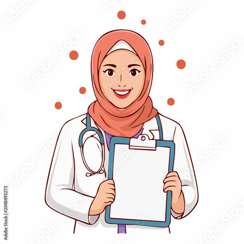 Muslim Female Doctor Wearing Hijab Holding Clipboard and Stethoscope