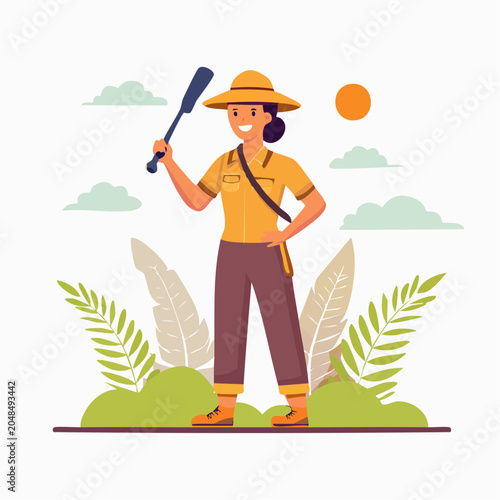 Woman Explorer with Paddle in Tropical Jungle