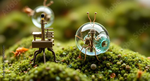 Microscopic Steampunk Robots and Tiny Machinery on Green Moss Field