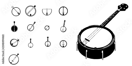 Fotografie Banjo Folk Music Instrument Icon - Minimal Black Flat Vector Symbol on Pure Whit