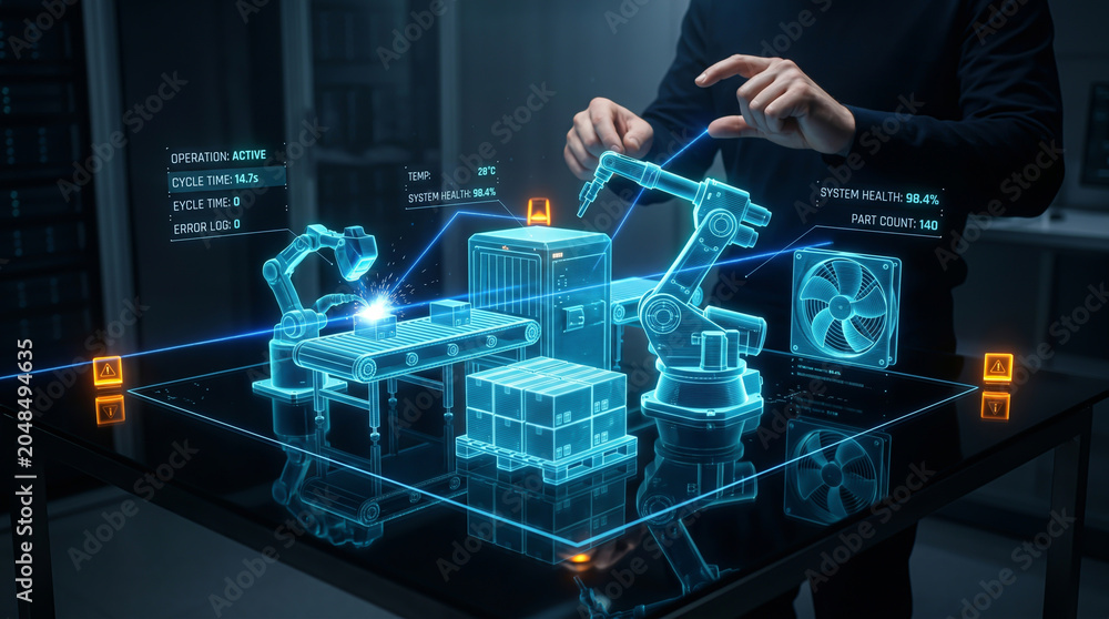 Obraz premium Engineer interacting with glowing 3D holographic digital twin of automated smart factory assembly line featuring robotic arms and data analytics in dark high-tech laboratory setting.