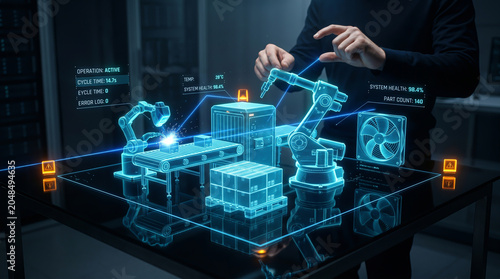 Engineer interacting with glowing 3D holographic digital twin of automated smart factory assembly line featuring robotic arms and data analytics in dark high-tech laboratory setting.