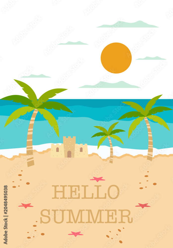 Fototapeta premium Vector flat illustration. Poster with sea and beach. Relaxation concept. Perfect for summer sales.
