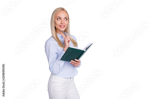 Canvas Print Portrait of minded inspired girl work worker hold copybook think thoughts plan h