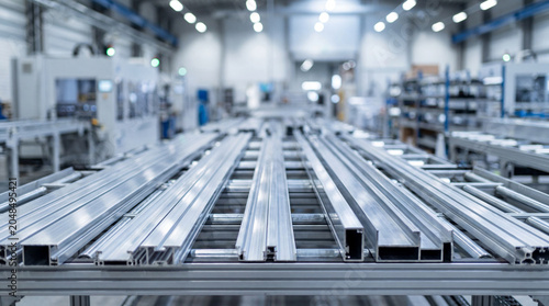 Sleek aluminum profiles on a conveyor belt in a modern factory setting. Ideal for industrial, engineering, and manufacturing themes