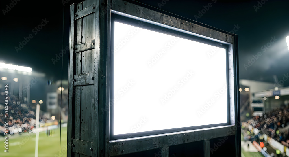 Fototapeta premium A close-up perspective of a massive, empty white digital billboard screen mounted on a robust industrial metal frame inside a stadium during dark night hours.