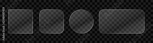 Set of Transparent Glass Plates and Shapes with Glossy Reflections Isolated on Dark Background