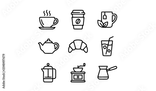 Schilderij op canvas Coffee shop cafe menu hot tea breakfast croissant and espresso brewing equipment