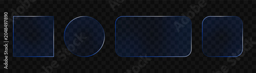Set of Transparent Glass Plates and UI Shapes with Glowing Blue Neon Edges Isolated on Dark Background