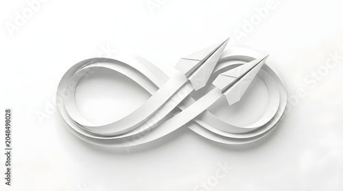 White Ribbon Infinity Symbol with Paper Airplanes – Minimal Concept Art