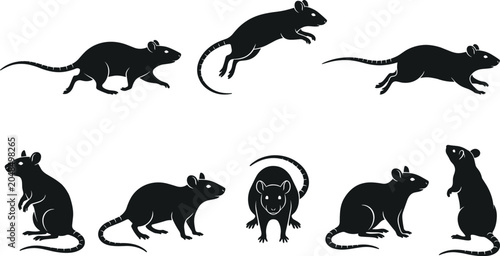 Foto Black rat silhouettes set with rodents in different poses running jumping sitting and standing vector illustration isolated on white background