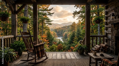 Cozy Porch with Rocking Chair Overlooking Autumn Mountain Landscape and River