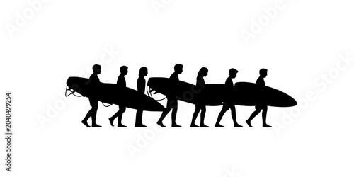 Surfers Carrying Surfboards Walking on the Beach in a Line Silhouette Featuring Black, Group, People with Ocean and Water Elements for Sport
