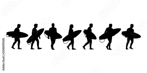 Surfers Carrying Surfboards Walking on the Beach in Silhouette Style Featuring Black, White, Outline with Sports and Ocean Elements for Waves
