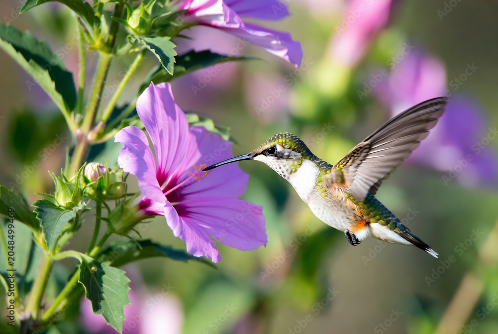 Fototapeta premium A hummingbird is hovering near a vibrant purple flower in a lush, green outdoor setting.