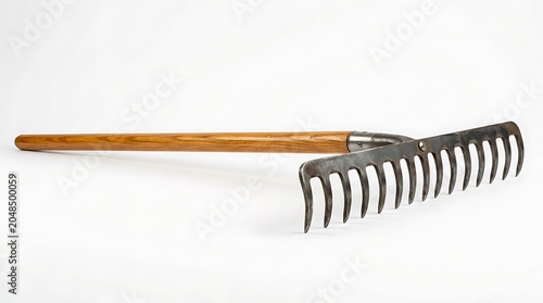 Metal garden rake with wooden handle on white background