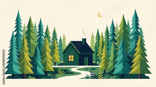 Minimalist flat vector illustration of a cozy cabin in a pine forest at night