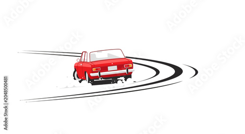 Quadro su tela Red Convertible Car Drifting on Snowy Road with Tire Marks