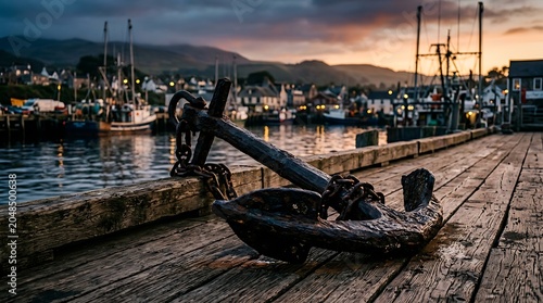 Old Rusted Maritime Anchor on Wooden Pier at Sunset Harbor with Fishing Boats