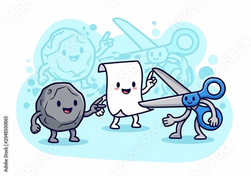 Playful Paper, Rock, and Scissors Duel in a Dreamy Haze