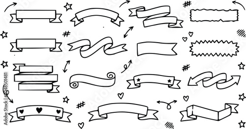 Ribbon banner set featuring various hand drawn doodle shapes and decorative elements isolated on a clean white background vector illustration
