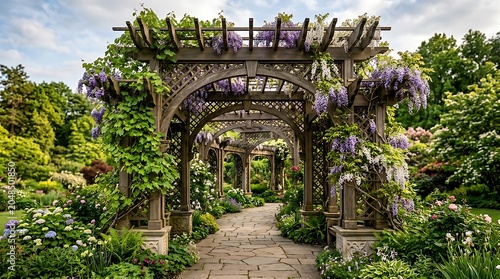 Scenic garden walkway through a wooden pergola with blooming purple wisteria