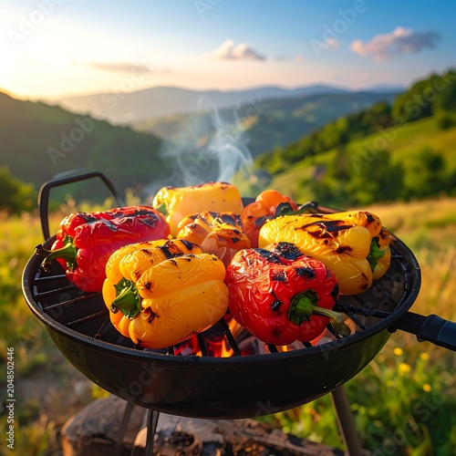 A serene outdoor scene with grilled peppers on a barbecue