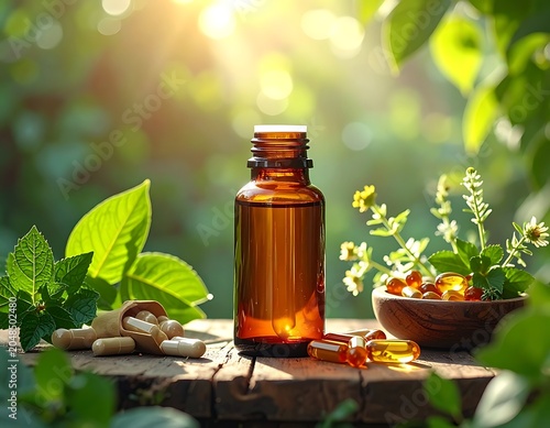 A serene outdoor setting with a brown bottle and natural remedies
