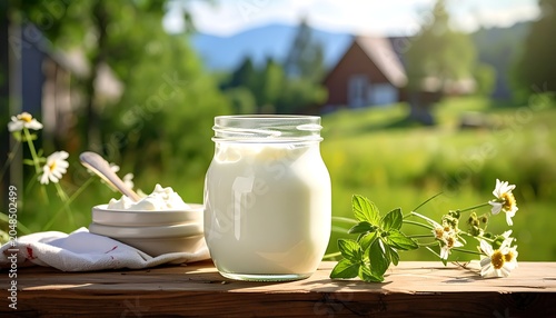 A serene outdoor setting with a jar of yogurt on a wooden table