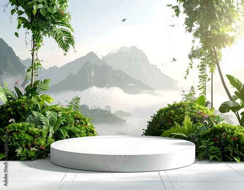 A serene outdoor setting with a white platform amidst lush greenery