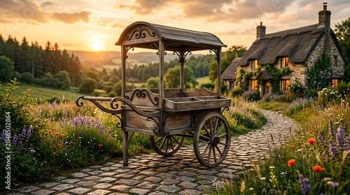 Vintage wooden cart on a cobblestone path by a rustic cottage at sunset