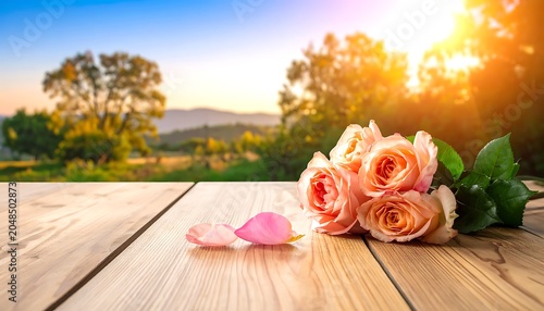 A serene outdoor setting with roses on a wooden table