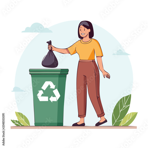 Woman throwing garbage bag into recycling bin