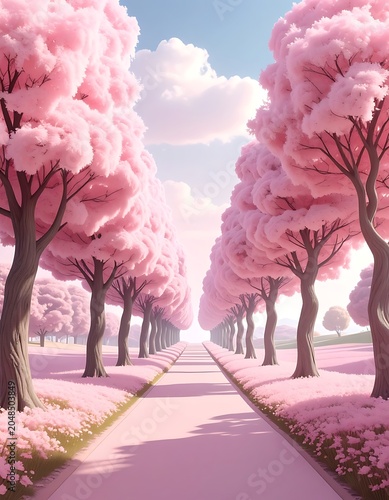 A serene pathway lined with vibrant pink trees and flowers