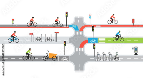 Bild auf Leinwand Urban Bicycle Lane Network and Traffic Intersection with Cyclists