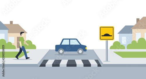 фотографія Pedestrian crossing with speed bump sign and car on street in suburban neighborh