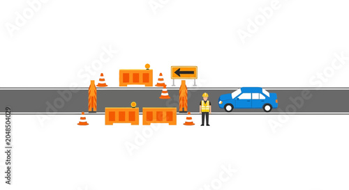 Fotografía Road Construction Site with Barriers, Cones, Worker, and Car