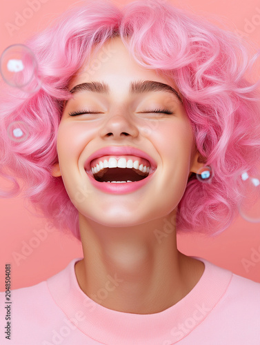Joyful studio portrait of a laughing woman with pink curly hair on soft pink background. Perfect for beauty, wellness, and cheerful fashion campaigns.