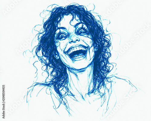 Woman with wild dark curly hair, moment of manic unhinged laughter, facial features exaggerated and slightly distorted, wide unsettling smile, minimalist hand-drawn unfinished draft.