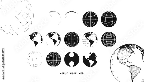 Global Network Icons: World Map, Globe, Internet, Connection, Communication