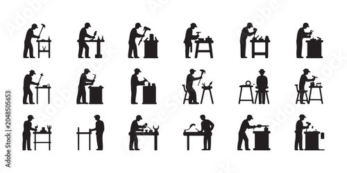Foto Silhouettes of blacksmiths working with metal tools on anvils and benches engaged in craft