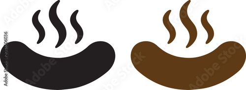 Vector illustration of food icons showing hot sausages with steam in solid black and brown styles, symbolizing cooking, dining, restaurant, and culinary concepts