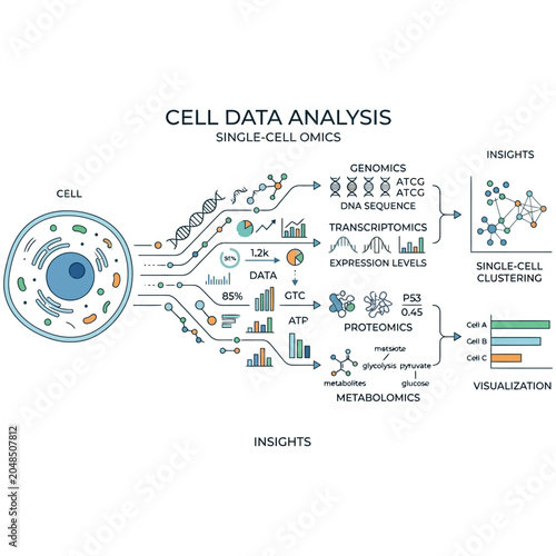 Принти на полотні Single cell omics data analysis infographic diagram with analysis, genomics