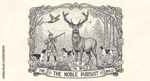 Whispers of the Woodland Hunt: A Detailed Engraving of Nature's Pursuit