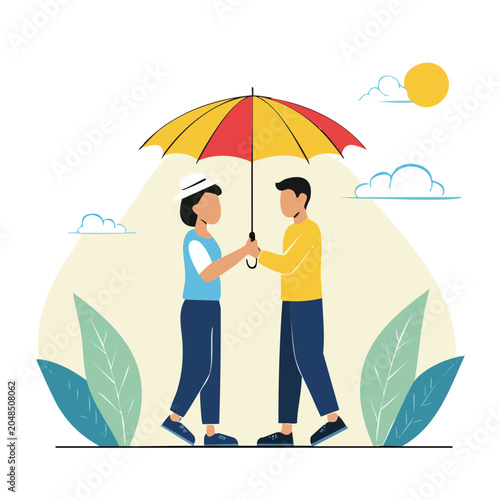 Two people sharing an umbrella under the sun