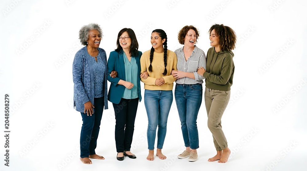 Obraz premium Group of five diverse multiethnic women of different ages standing together, laughing and linking arms against a white background