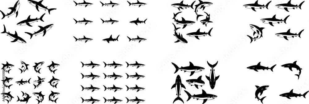 Obraz premium Black and white shark silhouette group and school pattern set with various swimming poses for ocean, marine, and predator concept design
