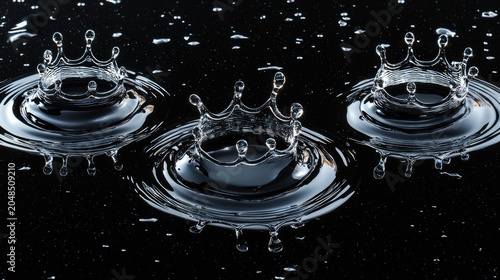 Splash liquid crown water drop impact formation three synchronized crowns black surface ripples professional macro photography high-speed capture frozen motion
