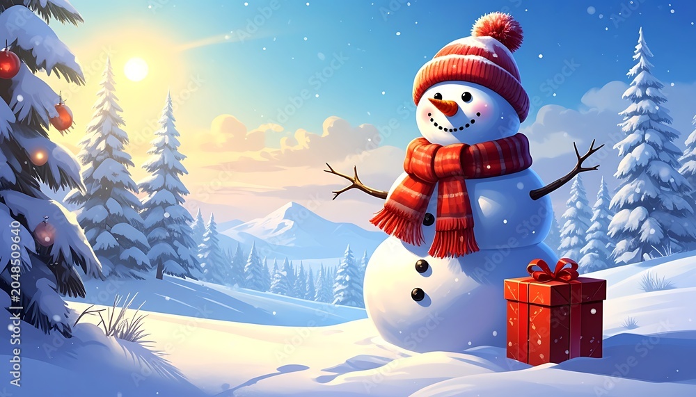Fototapeta premium A snowman in a winter landscape with trees and a gift