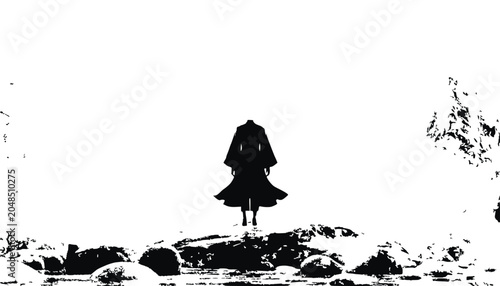 Lone figure in silhouette standing on rocks by water, minimalist black and white.